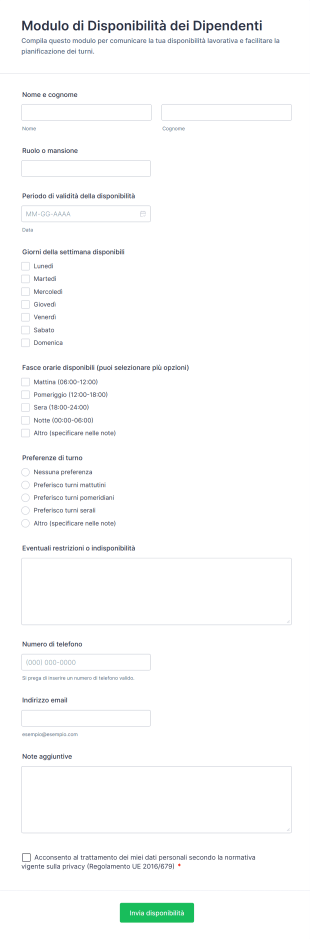 Modulo Di Disponibilità Dei Dipendenti Form Template