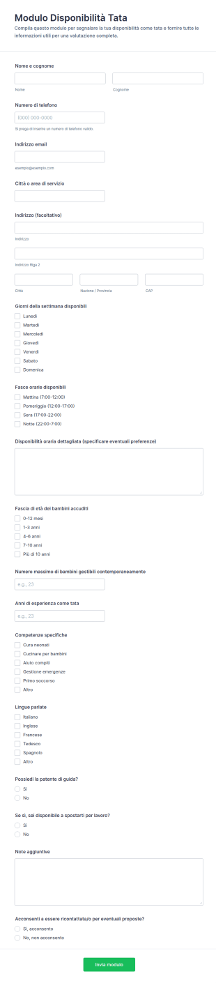 Modulo Di Disponibilità Della Nanny