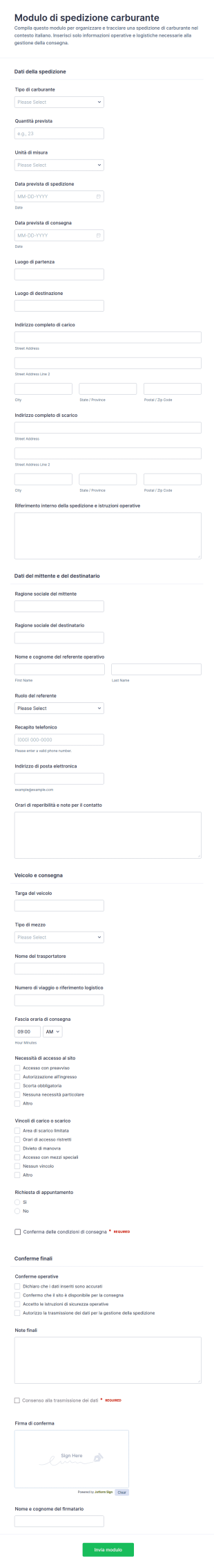 Modulo Di Documento Di Spedizione Del Carburante