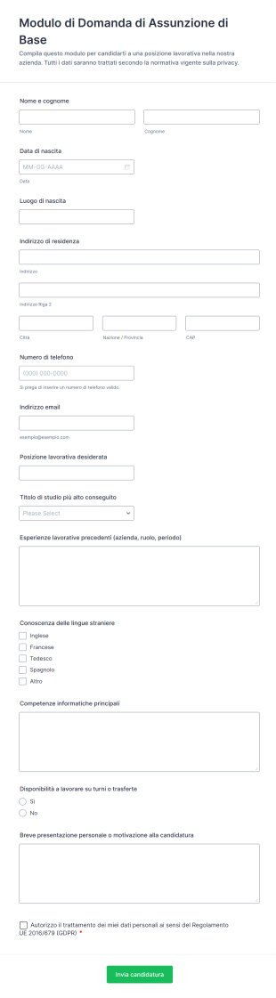 Modulo Di Domanda Di Assunzione Di Base