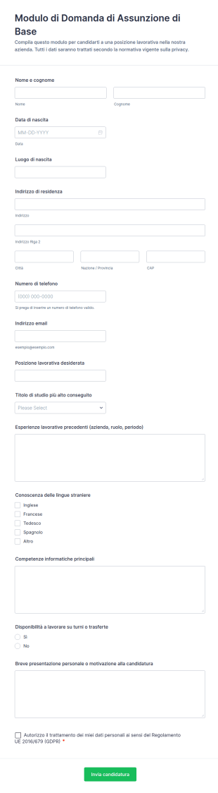 Modulo Di Domanda Di Assunzione Di Base