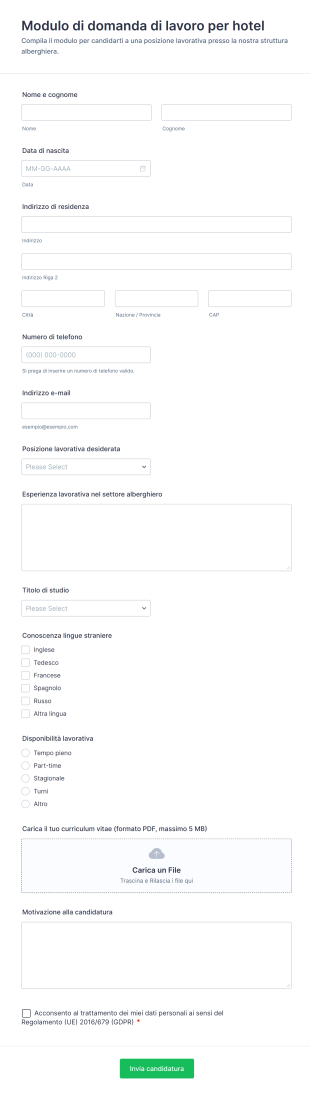 Modulo Di Domanda Di Lavoro Per Hotel