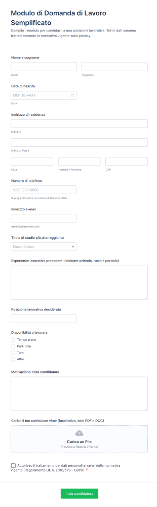 Modulo Di Domanda Di Lavoro Semplificato
