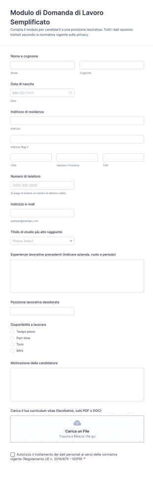 Modulo Di Domanda Di Lavoro Semplificato