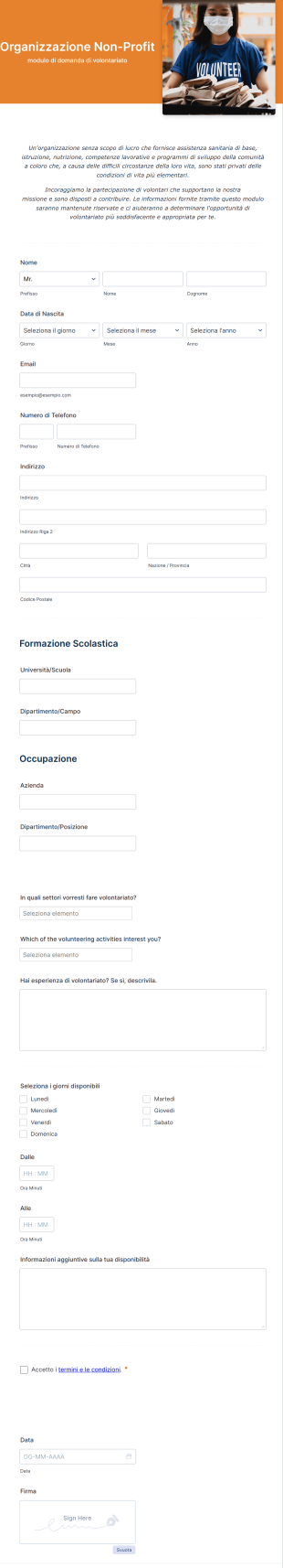 Modulo Di Richiesta Di Volontariato Per Organizzazioni No Profit Form Template