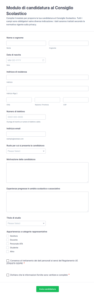 Modulo Di Domanda Per Consiglio Scolastico