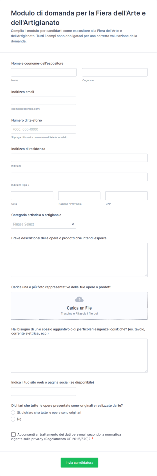 Modulo Di Domanda Per La Fiera Dell'Arte E Dell'Artigianato