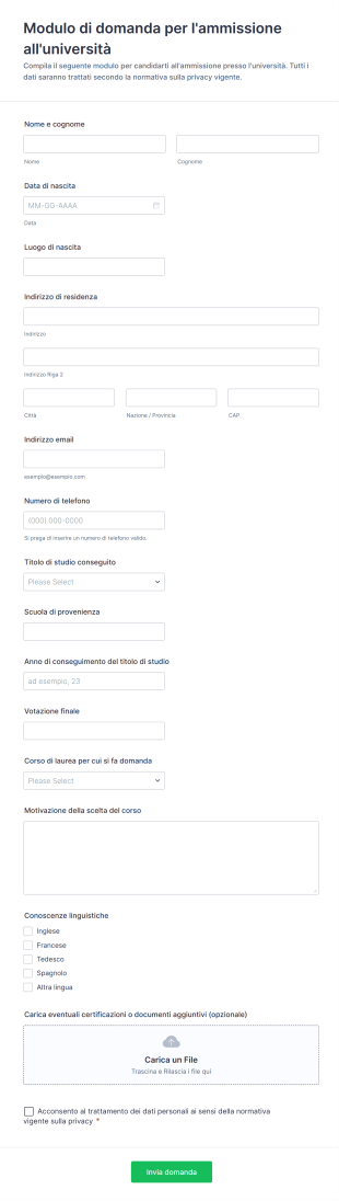 Modulo Di Domanda Per L'ammissione All'università