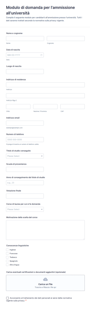 Modulo Di Domanda Per L'ammissione All'università