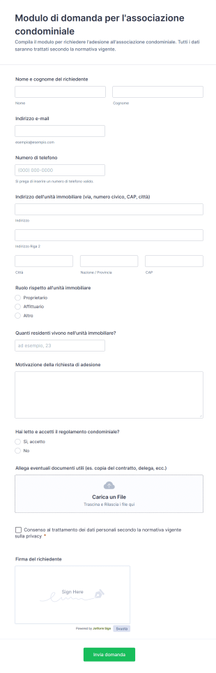 Modulo Di Domanda Per L'associazione Condominiale