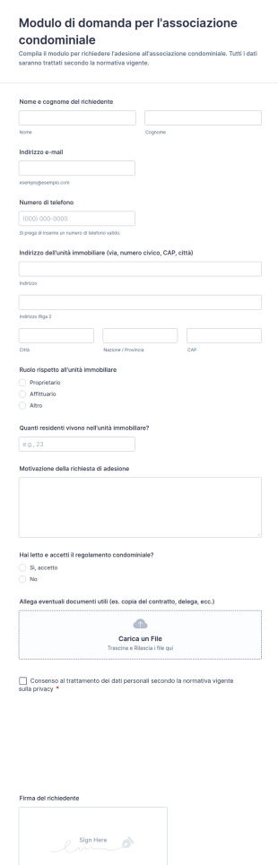 Modulo Di Domanda Per L'associazione Condominiale