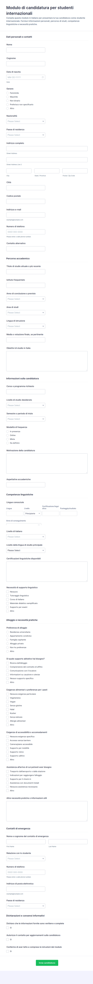 Modulo Di Domanda Per Studenti Internazionali