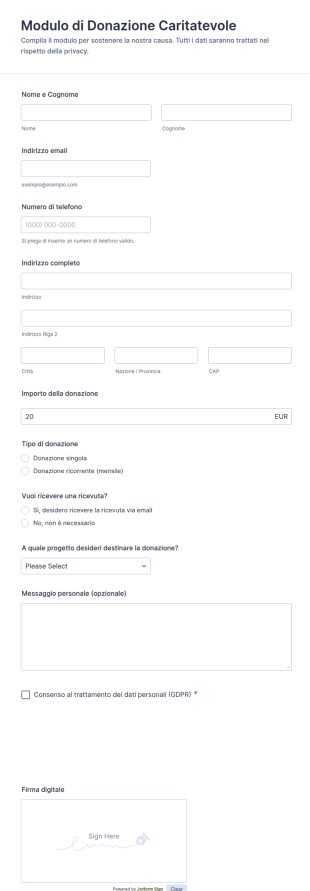 Modulo Di Donazione A Organizzazione Benefica