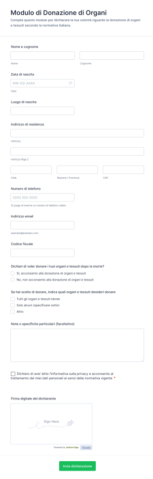 Modulo Di Donazione Di Organi