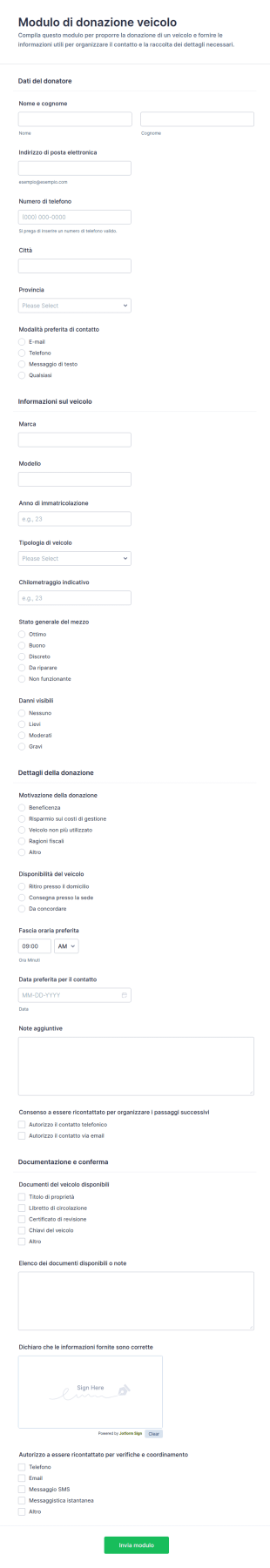 Modulo Di Donazione Veicoli