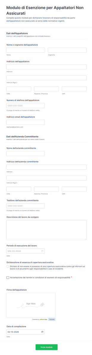 Modulo Di Esenzione Per Appaltatori Non Assicurati