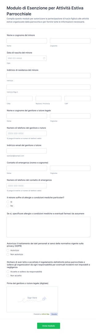 Modulo Di Esenzione Per Attività Estiva Parrocchiale