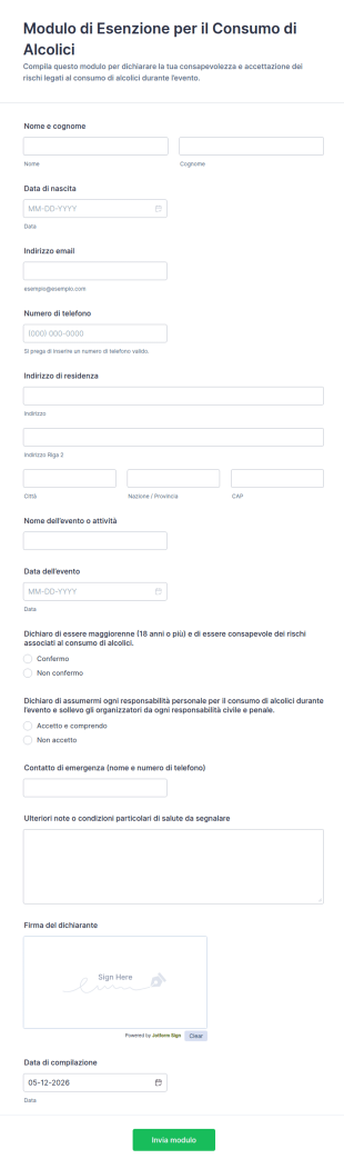 Modulo Di Esenzione Per Il Consumo Di Alcolici