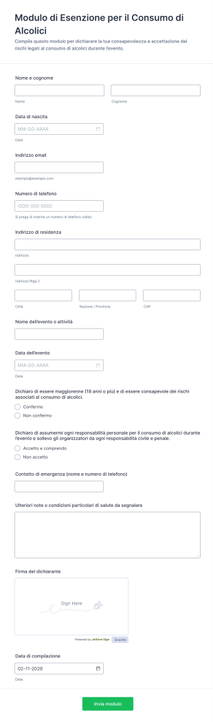 Modulo Di Esenzione Per Il Consumo Di Alcolici