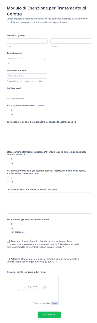 Modulo Di Esenzione Per Trattamento Di Ceretta
