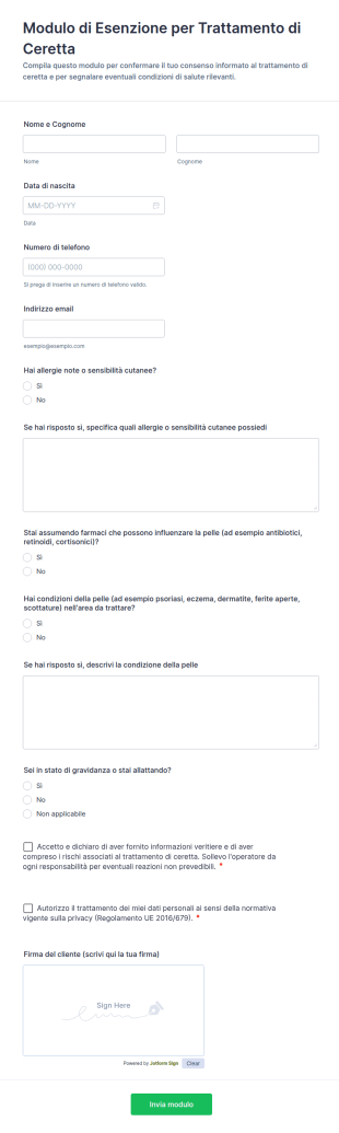 Modulo Di Esenzione Per Trattamento Di Ceretta