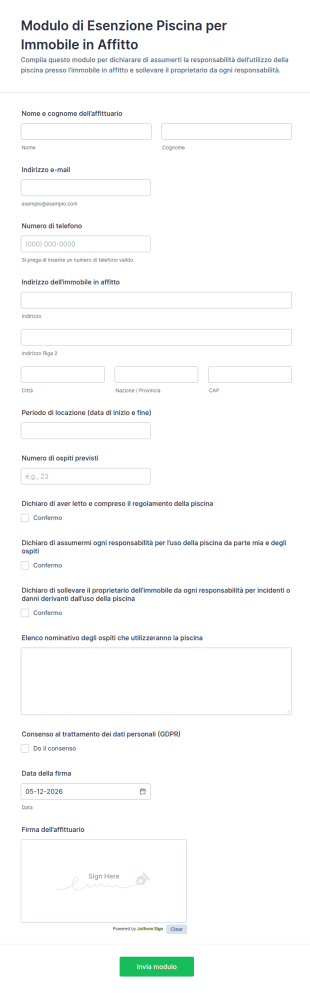 Modulo Di Esenzione Piscina Per Immobile In Affitto