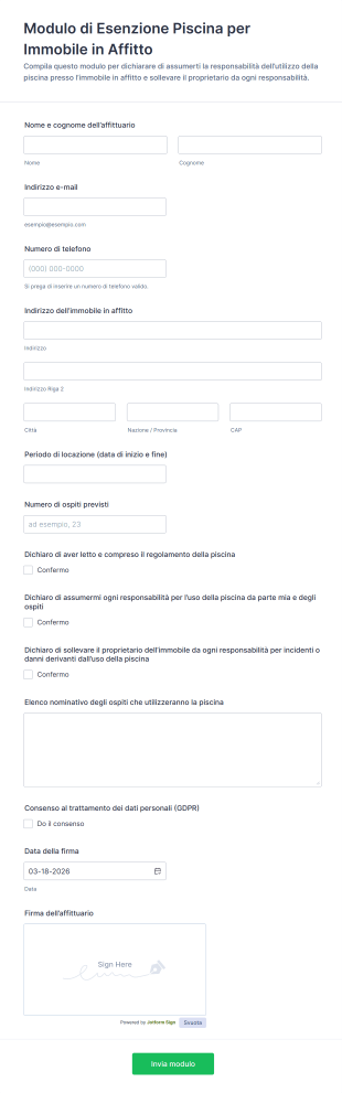 Modulo Di Esenzione Piscina Per Immobile In Affitto
