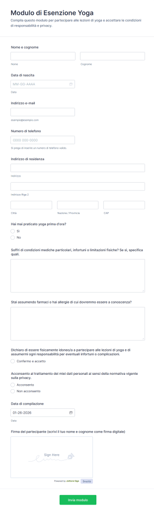 Modulo Di Esenzione Yoga | Jotform