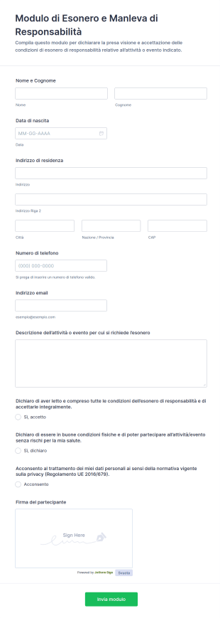 Modulo Di Esonero E Manleva Di Responsabilità