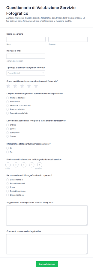 Modulo Di Feedback Del Cliente Fotografico