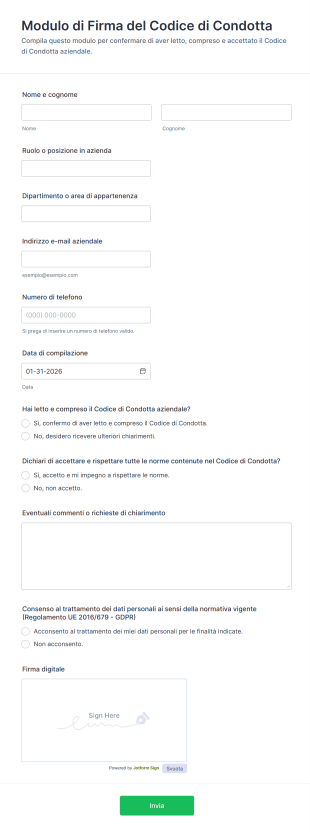 Modulo Di Firma Del Codice Di Condotta