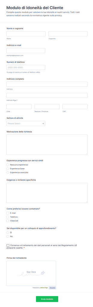 Modulo Di Idoneità Del Cliente