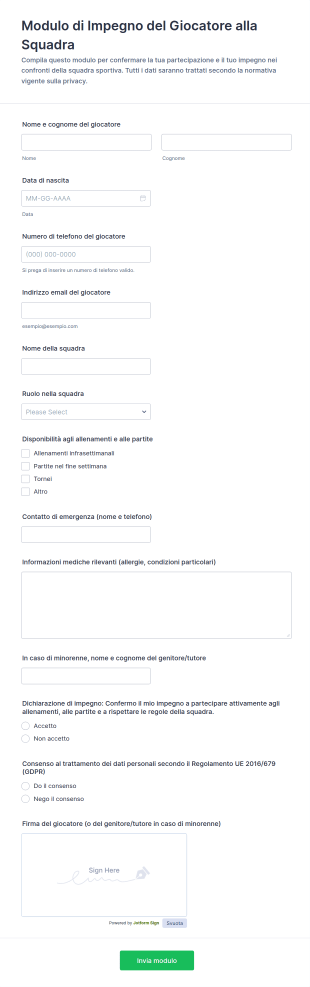 Modulo Di Impegno Del Giocatore Alla Squadra