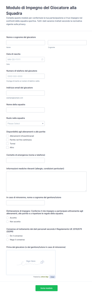 Modulo Di Impegno Del Giocatore Alla Squadra
