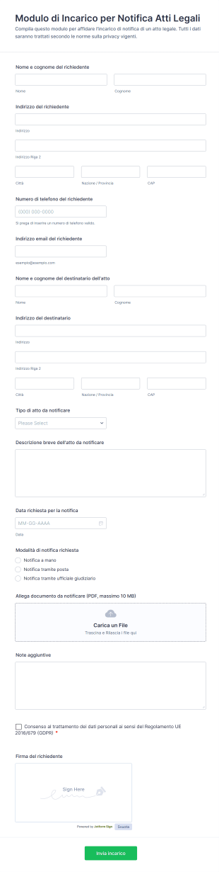Modulo Di Incarico Per Notifica Atti Legali