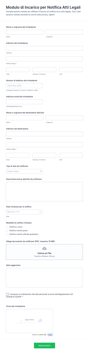 Modulo Di Incarico Per Notifica Atti Legali