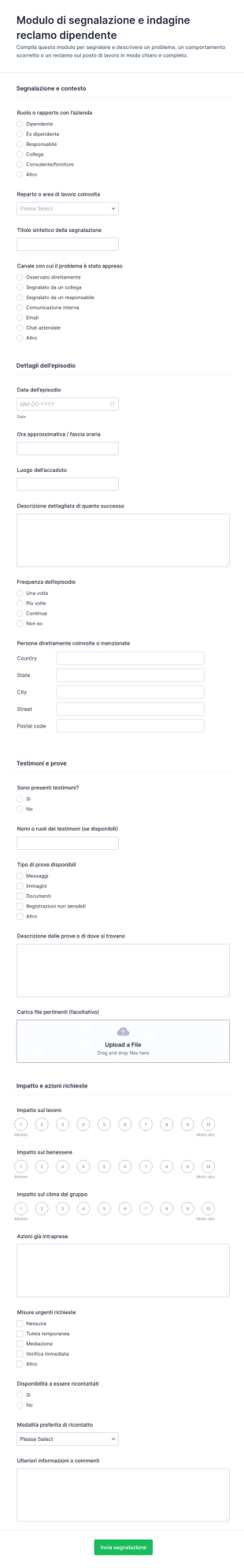 Modulo Di Indagine Sulle Lamentele Dei Dipendenti