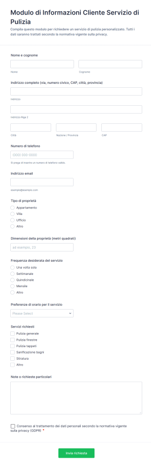 Modulo Di Informazioni Cliente Servizio Di Pulizia