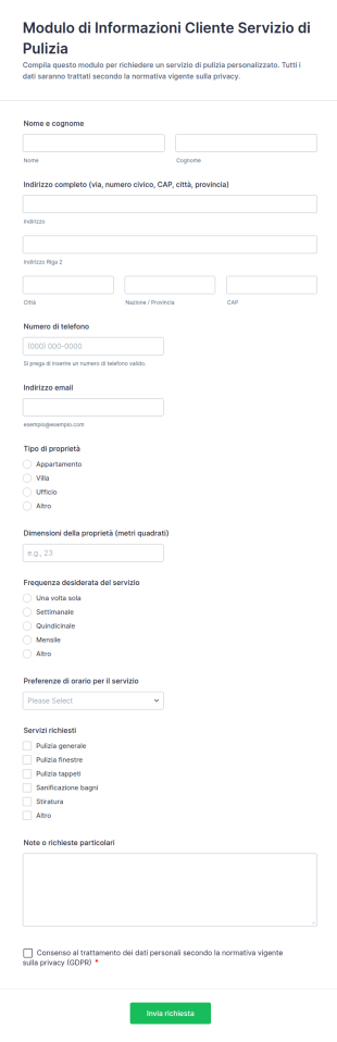 Modulo Di Informazioni Cliente Servizio Di Pulizia