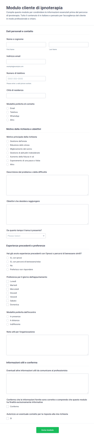 Modulo Di Informazioni Per Clienti Di Ipnosi