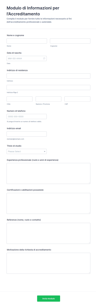 Modulo Di Informazioni Per L'Accreditamento
