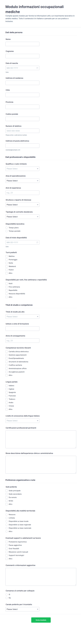 Modulo Informazioni Sanitarie Per Il Lavoro