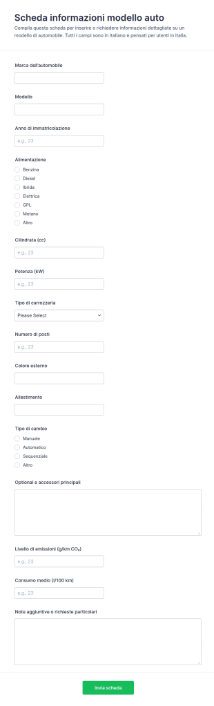 Modulo Di Informazioni Sul Modello Di Auto