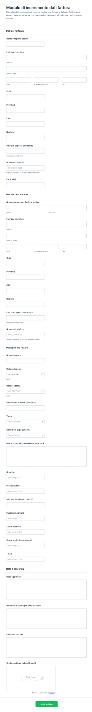 Modulo Di Inserimento Dati Fattura