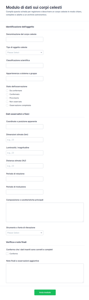 Modulo Di Inserimento Dati Sui Corpi Celesti