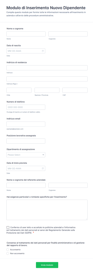 Modulo Di Inserimento Nuovo Dipendente