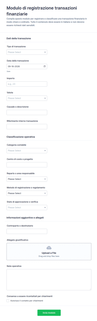 Modulo Di Inserimento Transazioni Finanziarie