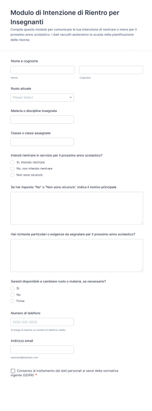 Modulo Di Intenzione Di Rientro Per Insegnanti