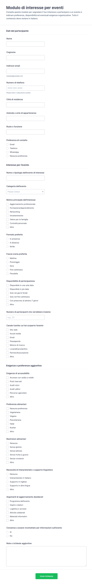 Modulo Di Interesse Per Eventi