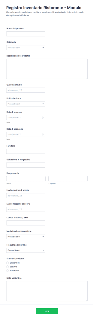 Modulo Di Inventario Del Ristorante